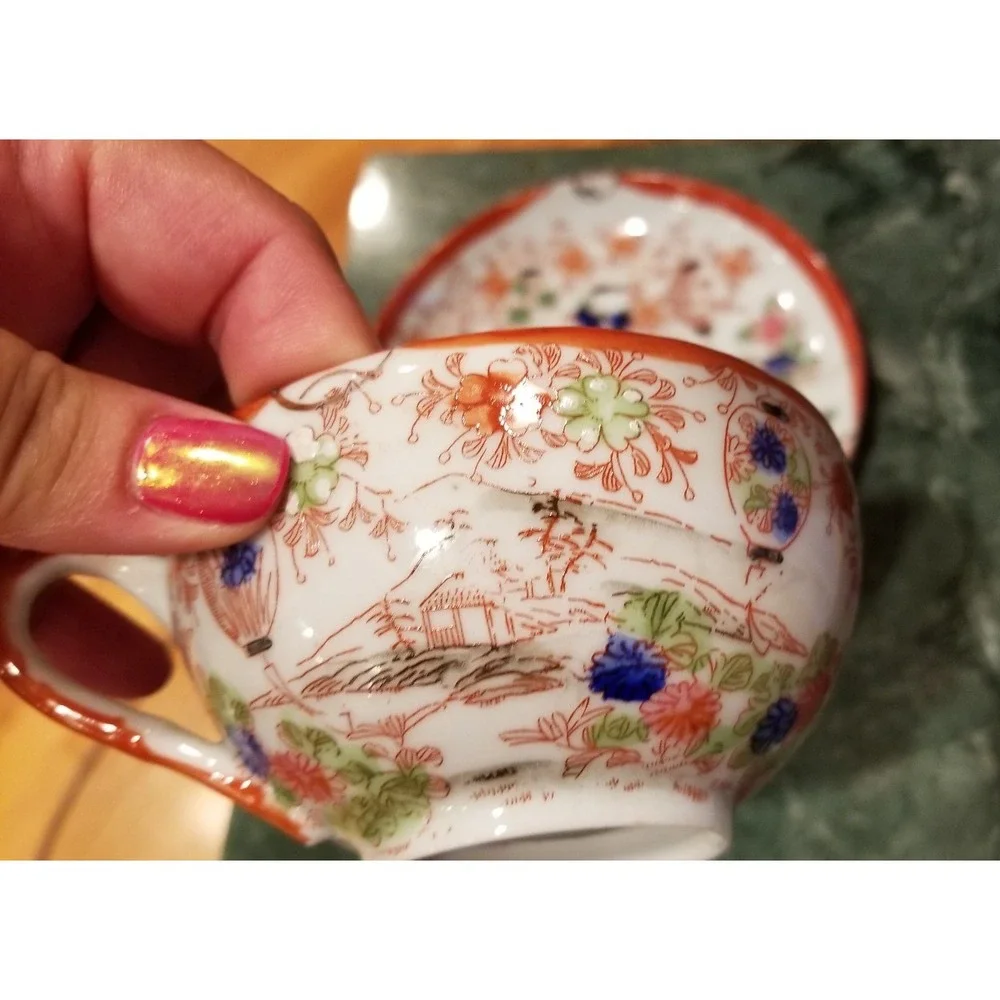 Antique Japanese Kutani Geisha Girl Hand Painted Cup & Saucer Set of 2